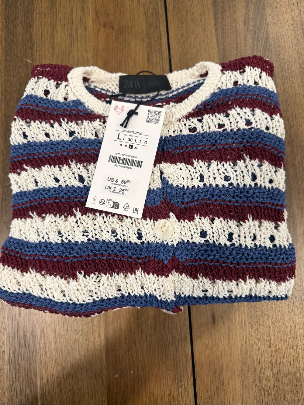 Zara Striped Openwork Crochet Cardigan - Cream, Blue & Burgundy
